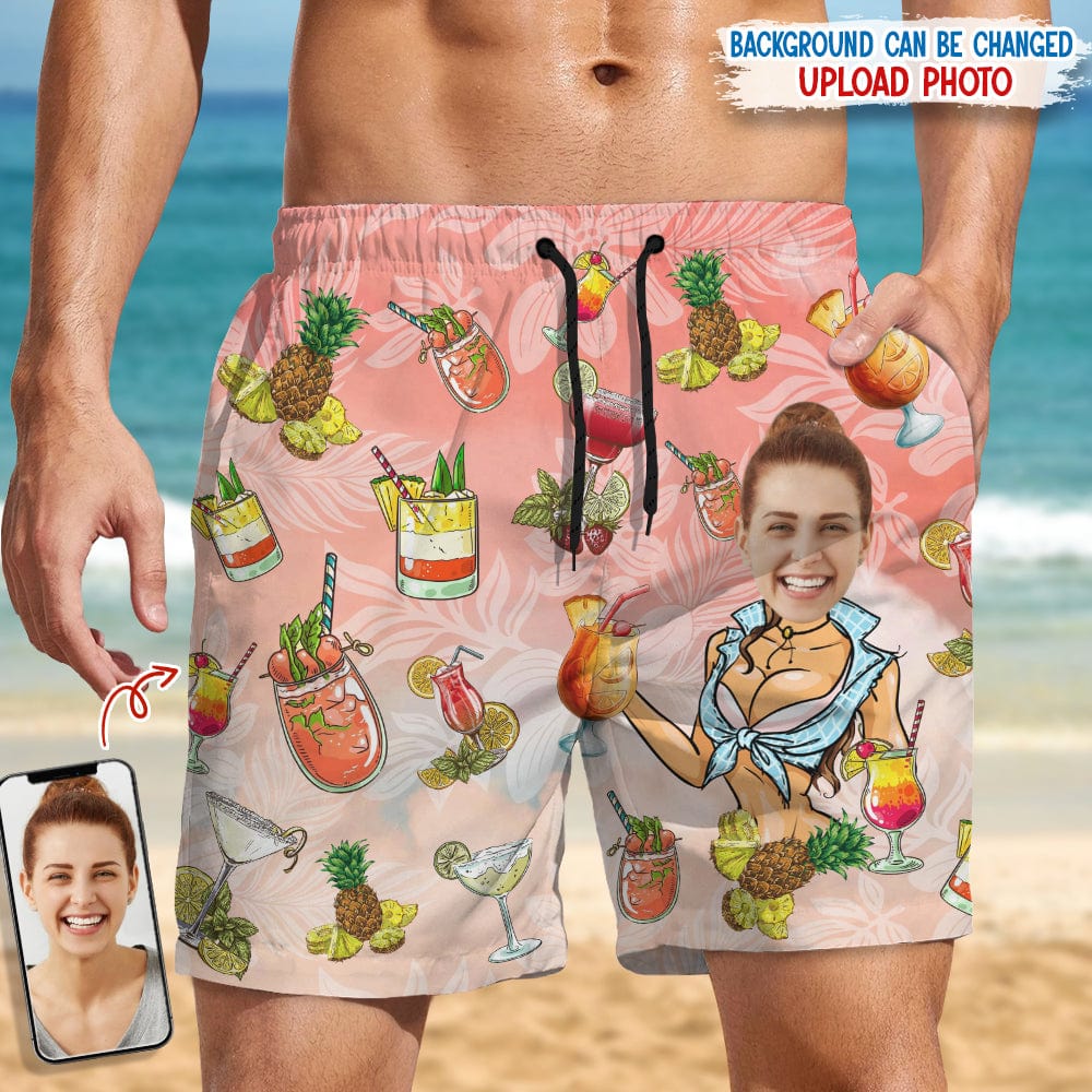 Personalized Custom Face Photo Men's Tropical Cocktail Pineapple Beach Shorts, Custom Print Swim Trunks Unique Summer Gift For Husband Boyfriend