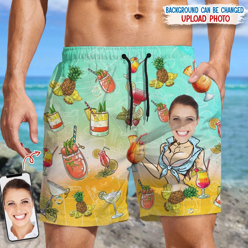 Personalized Custom Face Photo Men's Tropical Cocktail Pineapple Beach Shorts, Custom Print Swim Trunks Unique Summer Gift For Husband Boyfriend