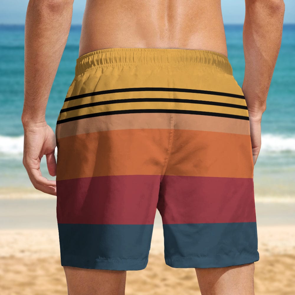 Funny Stop Staring At My Cock Rooster Beach Shorts, Retro Vintage Striped Mens Swim Trunks, Novelty Summer Gift For Men
