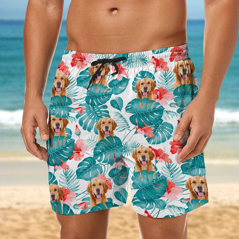 Personalized Upload Pet Face Men's Beach Shorts Custom Tropical Hibiscus Leaf Print Swim Trunks For Dog Lovers