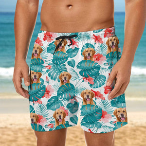 Personalized Upload Pet Face Men's Beach Shorts Custom Tropical Hibiscus Leaf Print Swim Trunks For Dog Lovers