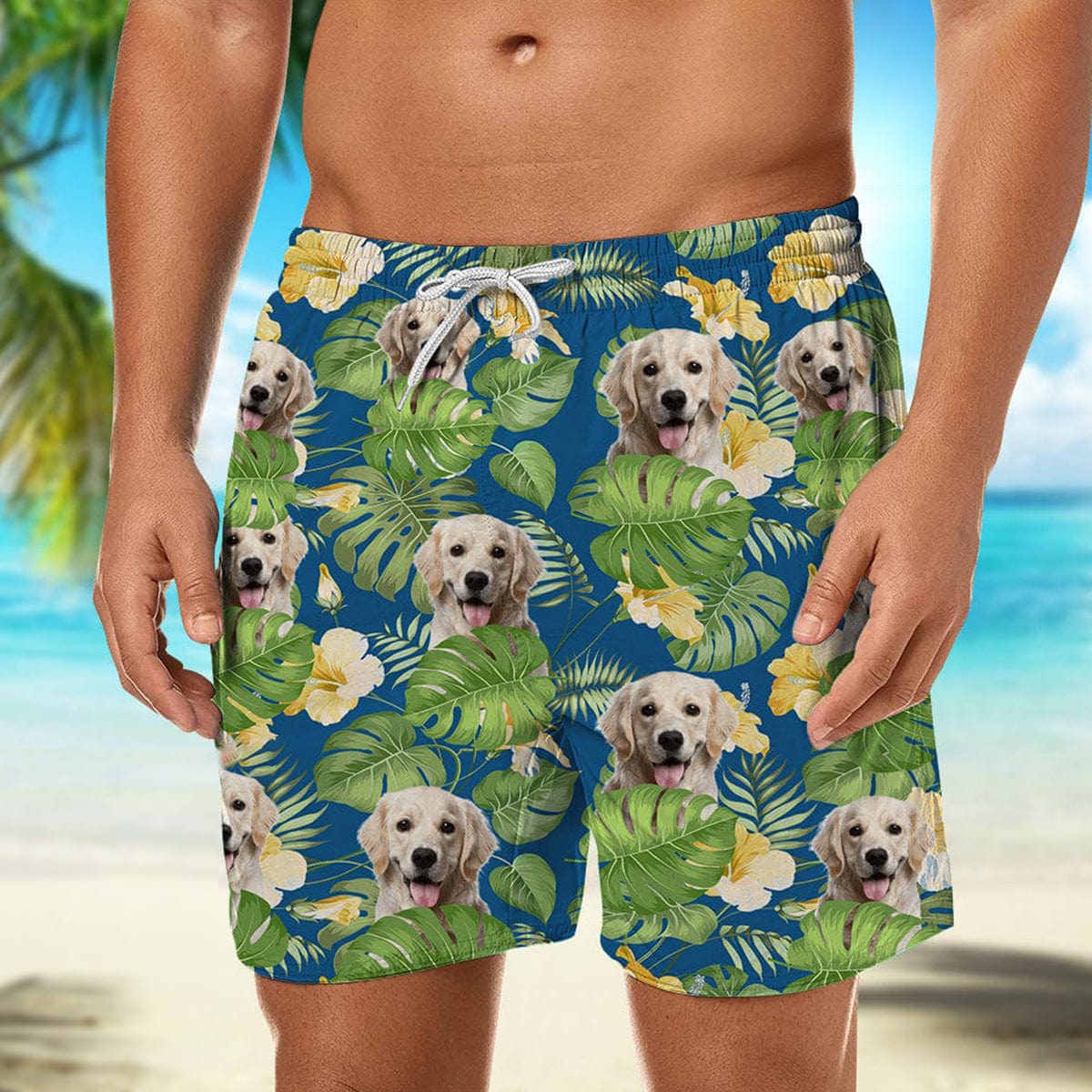 Personalized Upload Pet Face Men's Beach Shorts Custom Tropical Hibiscus Leaf Print Swim Trunks For Dog Lovers