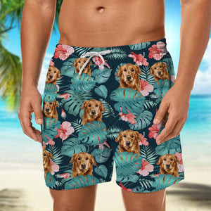 Personalized Upload Pet Face Men's Beach Shorts Custom Tropical Hibiscus Leaf Print Swim Trunks For Dog Lovers