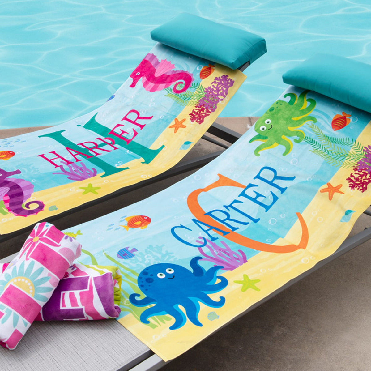 Personalized Kids Beach Towel - Fun Beach Designs - Gift For Girls Or Boys - Available In 3 Designs - Choose From 2 Sizes