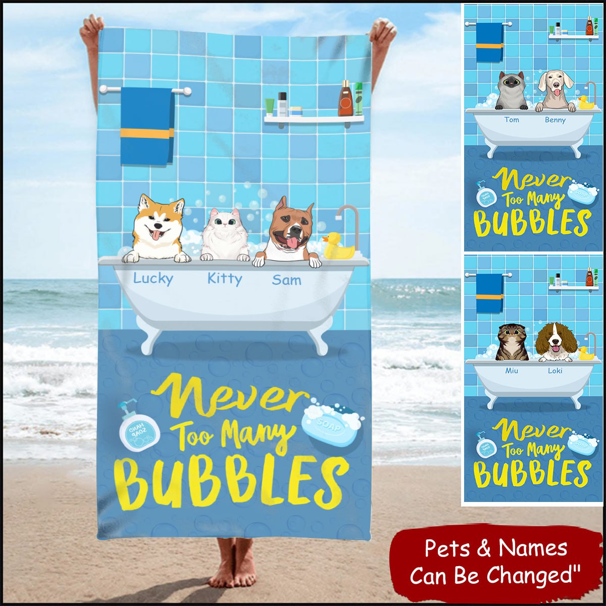 Never Too Many Bubbles Personalized Pet Beach Towel, Custom Dog Cat Bath Tub Bubble Towel, Summer Gift for Pet Lovers